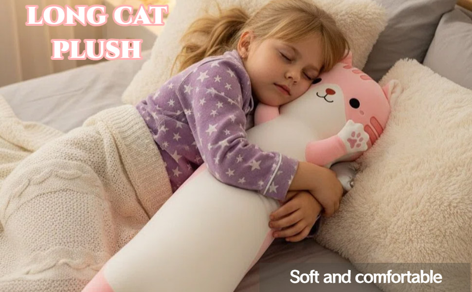 Text reads 'LONG CAT' 'PLUSH' 'Soft and comfortable'. Product photos showing plush cat body pillow being used on a bed, demonstrating its length and softness.
