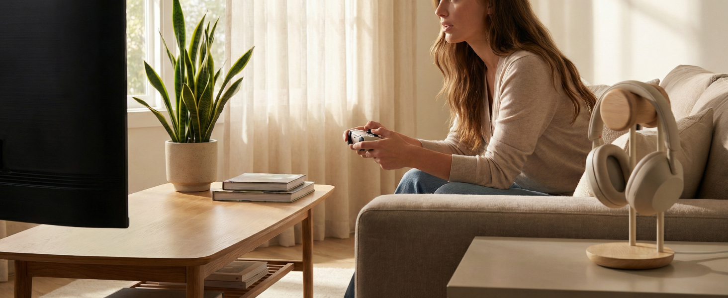 Interior scene showing person using electronic device while seated on couch, with houseplant visible in background.