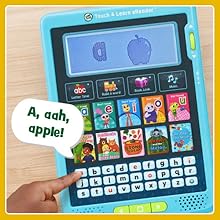 Kid presses A on the keyboard. eReader says: A, aah, apple! A appears next to apple on screen.