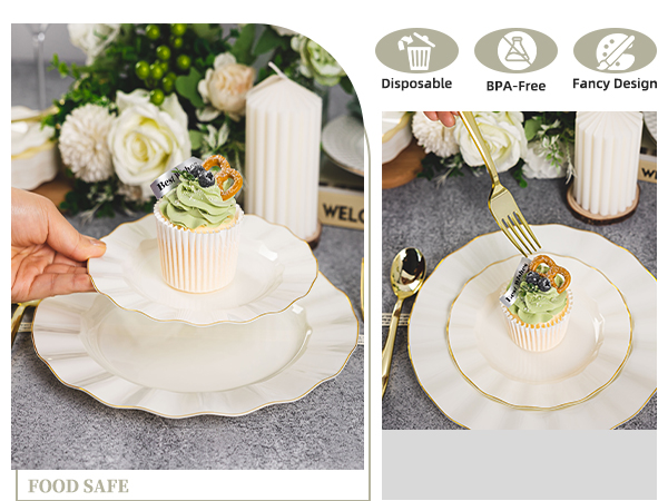gold plastic plates and silverware
