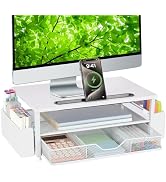 AUPSEN White Monitor Stand Riser, 2-Tier Wood Computer Desk Organizer with Drawer, Pen Storage & ...