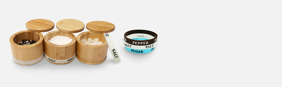 Salt Pepper Sugar Container Set 3 Piece Bamboo Box Sugar Pepper Salt Box with Swivel Lid and Spoon