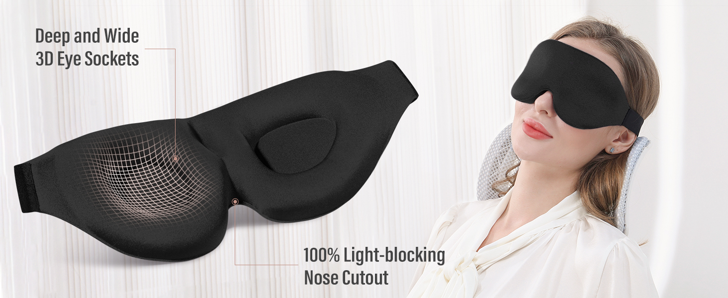 Deep wide 3D eye sockets zero pressure larger eye space free blinking 100% light blocking blackout