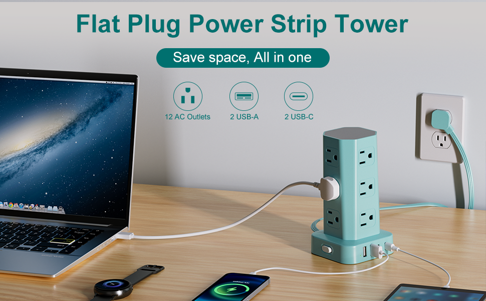 flat plug power strip tower