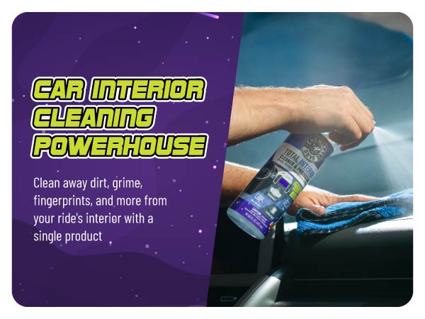 Interior cleaner and protectant restoring shine on dashboards, seats, carpets, and glass surfaces