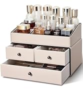 KINGFOM Leather Makeup Organizer with 3 Drawers, 2 Tier Cosmetic Storage Organizer for vanity Dre...