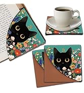 PRESSINART 4Pcs Cat Corner Bookmarks Leather Flower Bookmark Black Cat Floral Square Unique Book ...