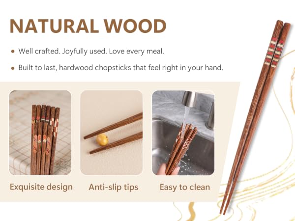 Hardwood Chopsticks Reusable Japanese Style Dishwasher Safe Wooden Chop Sticks
