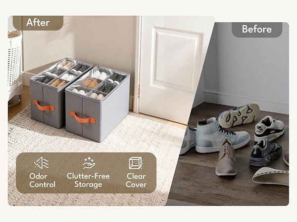 Dustproof and odor-absorbing shoe storage box with clear cover