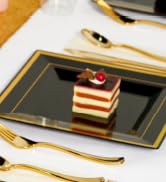 JOLLY CHEF 125 Count Square Black Gold Plastic Plates, Including 25 Disposable Dinner Plates, 25 ...
