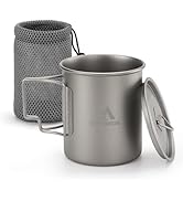 THTYBROS Titanium Cup 450ml (15oz) Ultralight Camping Mug with Foldable Handle & Lid, Pure Titani...