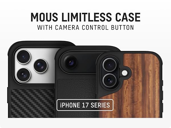 Text reads 'MOUS LIMITLESS CASE' and 'iPHONE 17 SERIES'. Product shots of phone case showing different angles and protective features.