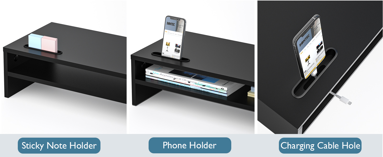 Black desk organizer with multiple compartments, including spaces for sticky notes, phone stand, and cable management. Three labeled sections shown.
