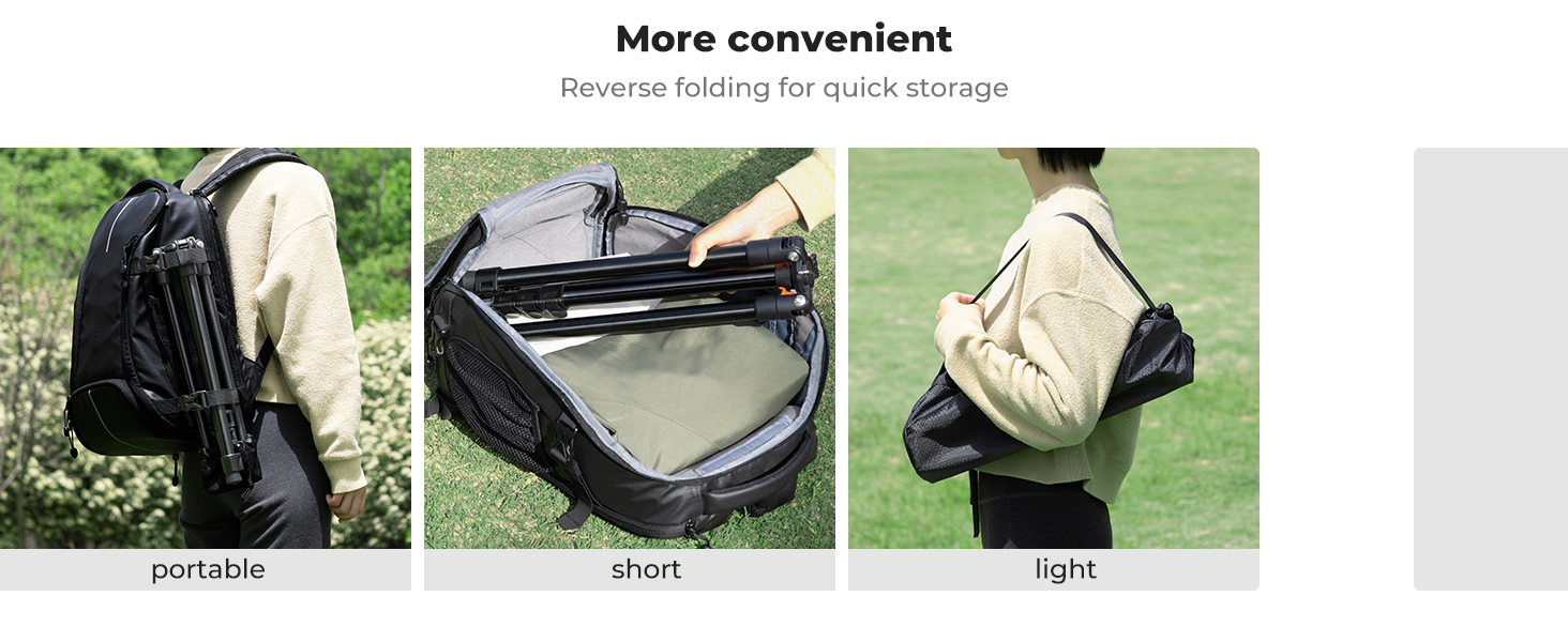 Collapsible outdoor chair demonstrated in three stages: worn as backpack, folded compact, and carried by shoulder strap. Features quick storage and portability.