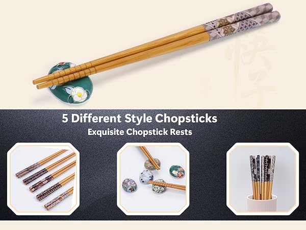 Reusable Bamboo Chopsticks Set with Ceramic Chopstick Rests