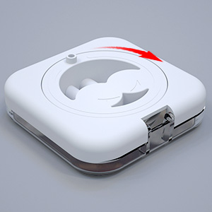 Compact white square device with gray base, featuring a curved top surface and red accent detail.