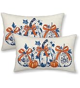 DAFENA Fall Pillow Covers 12x20 Inch 2 Pcs Chinoiserie Burnt Orange Blue Pumpkin Decor Throw Pill...