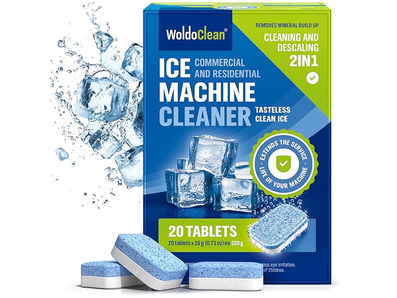 WoldoClean Ice Machine Cleaner box with 20 blue and white two phase descaling and cleaning tablets