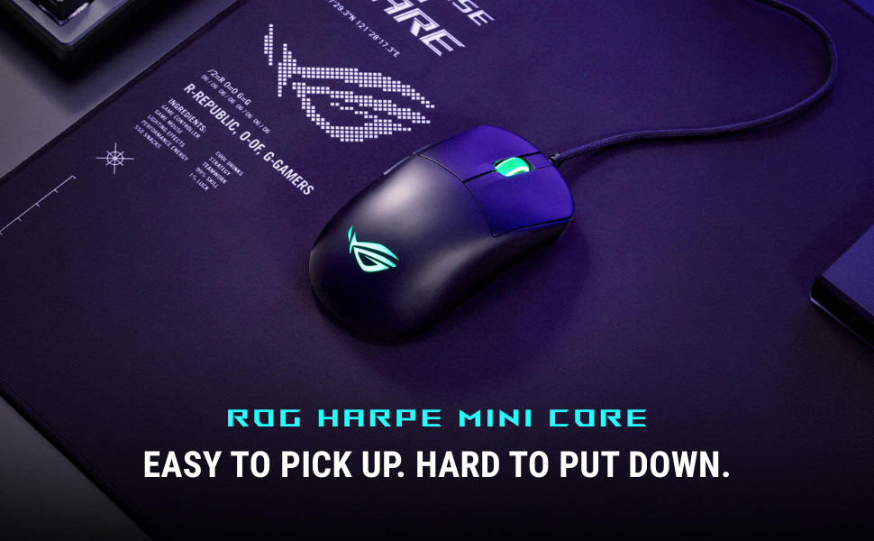 Top view of the ROG Harpe mini core on a ROG mousepad with the product name in rog fonts