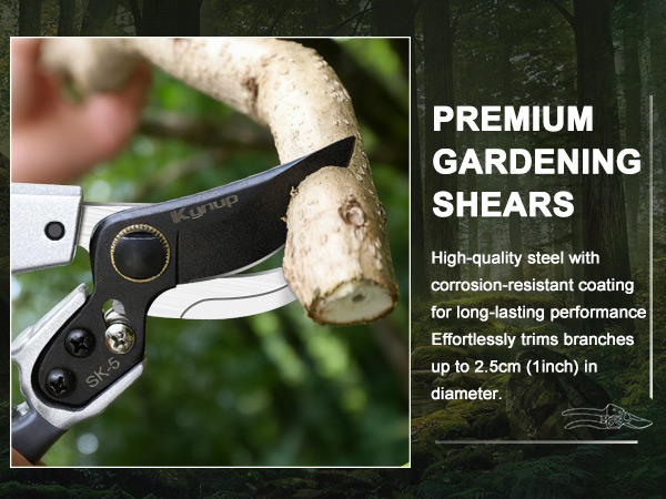Text reads: 'PREMIUM GARDENING SHEARS', 'High-quality steel with corrosion-resistant coating', 'up to 2.5cm (1inch) in diameter'. Close-up images of garden shears cutting stems.