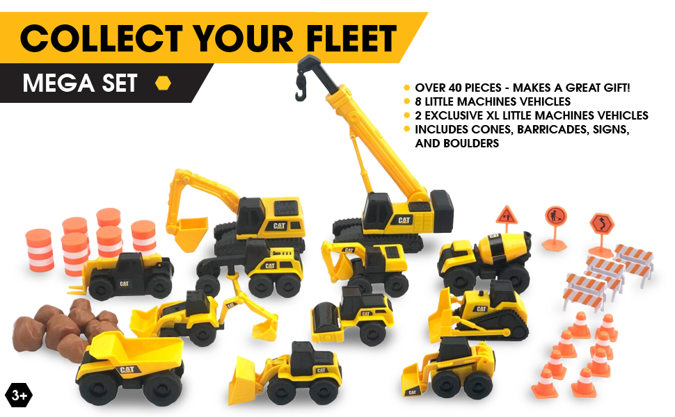 9 cat construction little machines toy vehicles and two larger construction toys with signs & cones