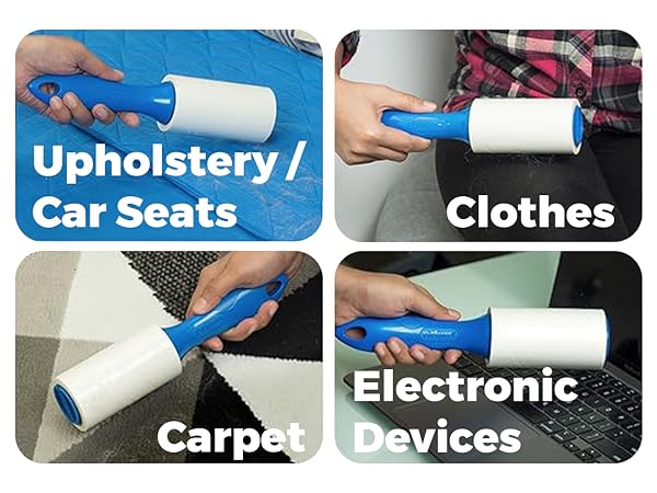 Text reads 'Upholstery', 'Car Seats', 'Clothes', 'Carpet', 'Devices'. Demonstration images of white cleaning roller being used on various surfaces.