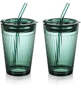Joeyan Glass Tumbler with Straw and Lid,Green Glasses Water Cup with Straw,Colored Glass Drinking...