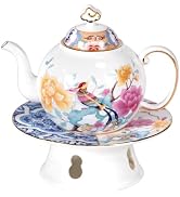 KAMMAK Teapot with Teapot Warmer, 11.8oz Porcelain Tea Pot with Gold Trim, Small Tea Pot with Han...