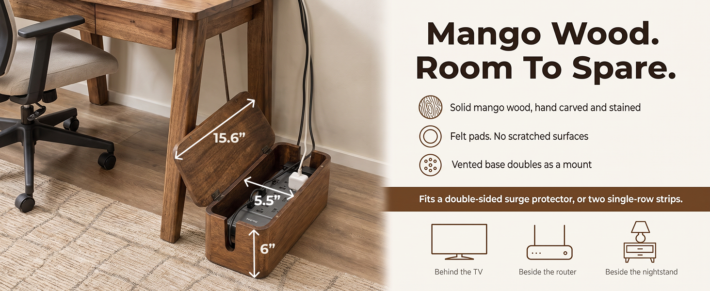 Open mango wood cable box shown with measured dimensions, roughly 15.6 by 5.5 by 6 inches