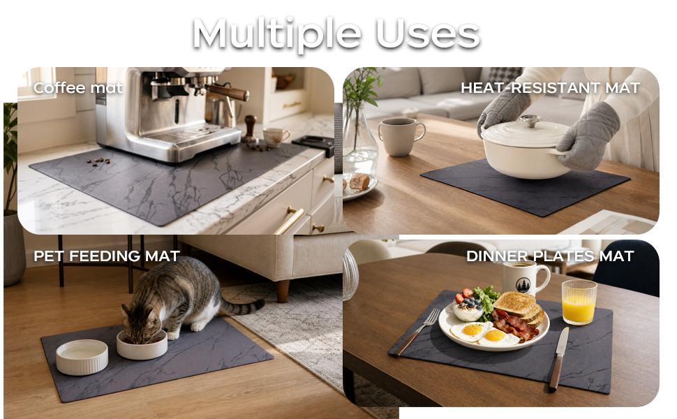 Black marble multipurpose mat for coffee machines, hot pots, pet bowls, and dining.