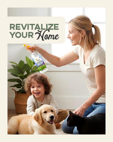 Woman spraying cleaner near child, dog, and cat with “Revitalize Your Home” text