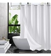 MitoVilla No Hooks Needed White Waffle Shower Curtain Set with Snap-in Liner, Modern Waffle Weave...