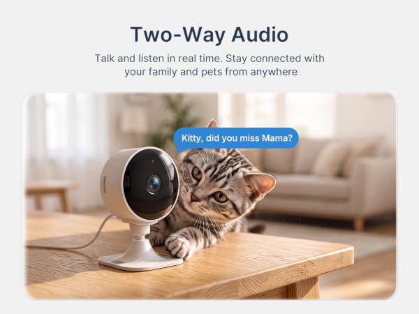 White GNCC GC3 camera beside a cat, illustrating two-way audio