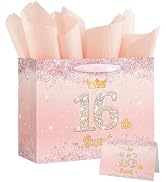 16th Birthday Gift Bag for Girls, 13" Gift Bag with Tissue Paper, Card - for Daughter, Sweet 16 G...