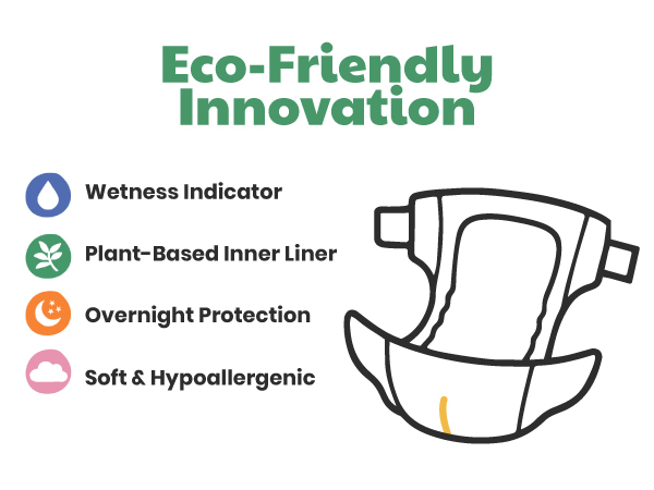 Dyper eco-friendly diaper showing wetness indicator, plant-based liner, overnight protection