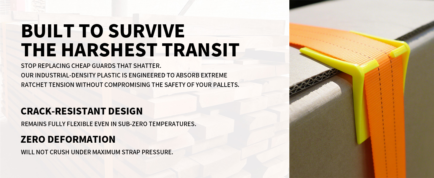 Heavy duty crack-resistant corner protector securing a box with a ratchet strap. Zero deformation.