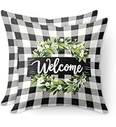 HOMETITUTE Set of 2 Welcome Pillow Covers 18x18 Inch Buffalo Plaid Floral Wreath Decorative Pillo...