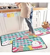 Happy Easter Bunny Decorative Kitchen Rugs Set of 2, Rabbit Kitchen Mat Easter Eggs Non-Slip Floo...