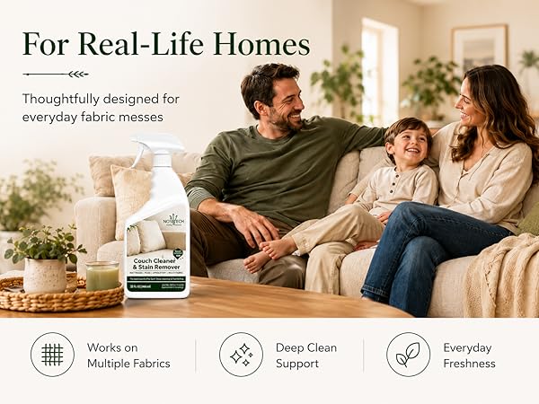 Family relaxing on a clean couch with NOYATECH Couch Cleaner & Stain Remover bottle on the table