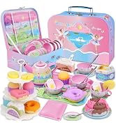 Tea Set for Little Girls,PRE-WORLD 50PCS Princess Tea Party Time Toy Including Dessert,Cookies,Do...
