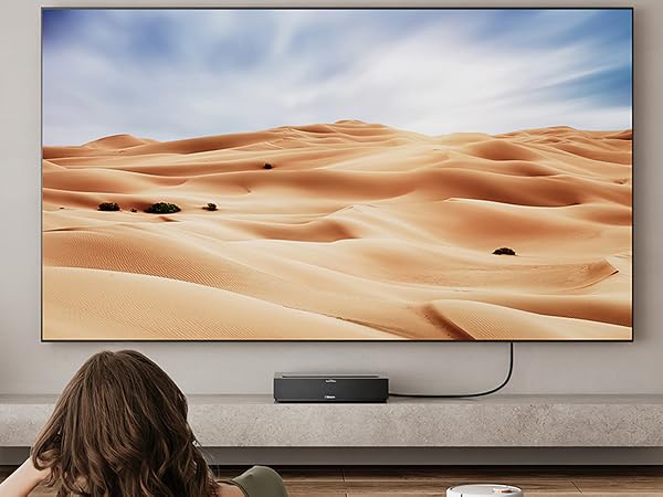 Large flat-screen TV displaying desert landscape. Below TV, a compact black soundbar sits on a gray surface. Person's back visible in foreground.