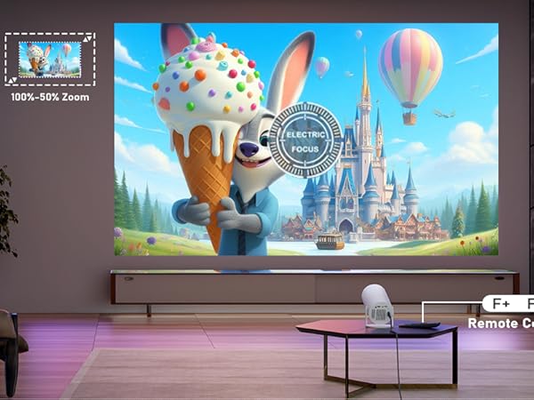 Home theater setup with large projector screen displaying colorful animated scene. Room features modern furniture and ambient lighting.