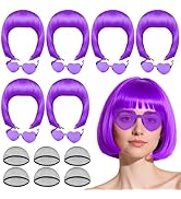 PLULON 6 Pack Purple Bob Wig with Heart Sunglasses and Hair Cap for Women, Colorful Cosplay Costu...