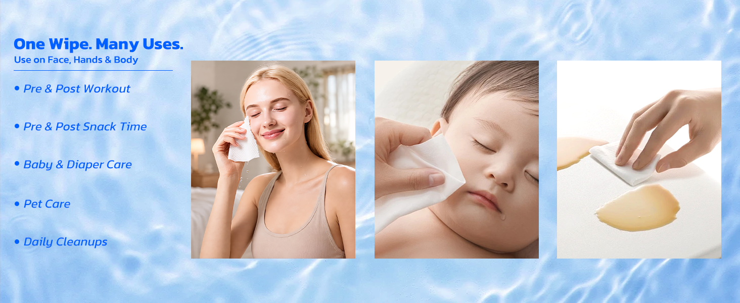 One Wipe. Many Uses. Use on Face, Hands & Body