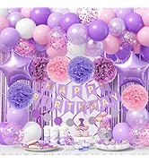 Jobkoo Pink and Purple Birthday Decorations, Pastel Pink Lilac White Balloon Arch Garland Pale Pu...