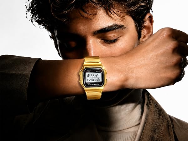 Men's gold digital watch on wrist, stainless steel waterproof watch, easy to read