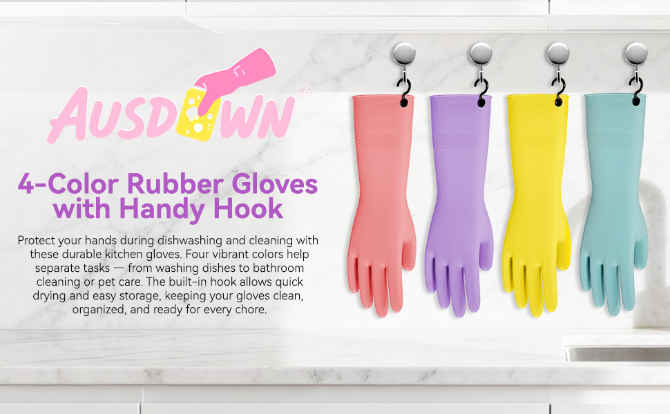 Dishwashing Rubber Gloves for Cleaning – 4 Pairs Kitchen Gloves