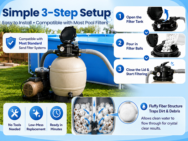 Sand filter balls maintaining sparkling clean water for family fun