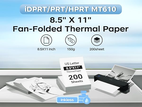 US Letter Thermal Printer Paper Compatible with M08F-LetterPortable Printer, 8.5" x 11", 200 Sheets