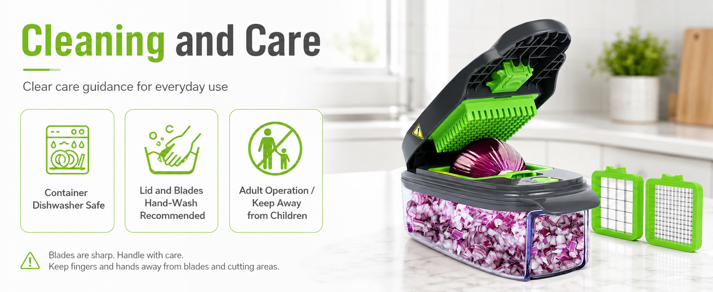 Care icons for container lid blades drying and adult handling